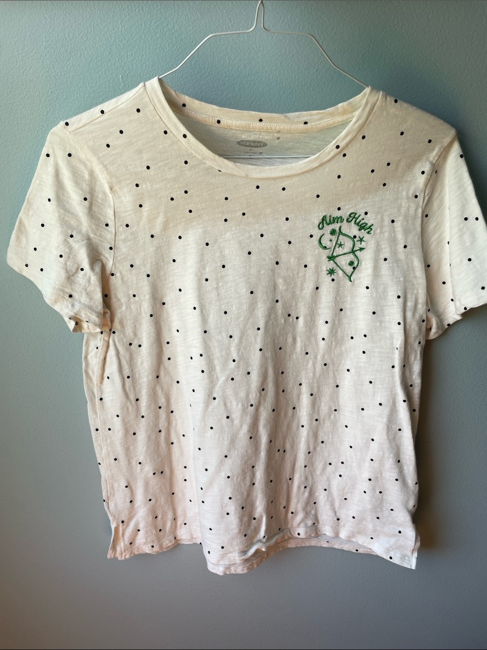 Old Navy Cream Polka Dot Tee with Green Embroidery